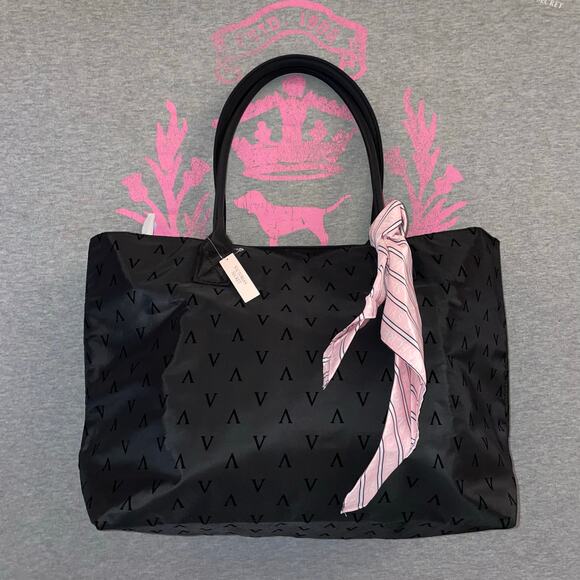 Victoria’s Secret Silky V Logo Tote w Pink & White Iconic Heritage Stripe Scarf - Picture 1 of 7